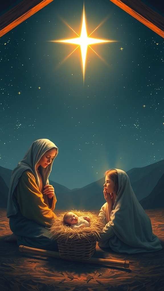 Inspirational Christmas Quotes About Jesus Nativity scene with Mary, Joseph, and baby Jesus in a manger under a starry sky.